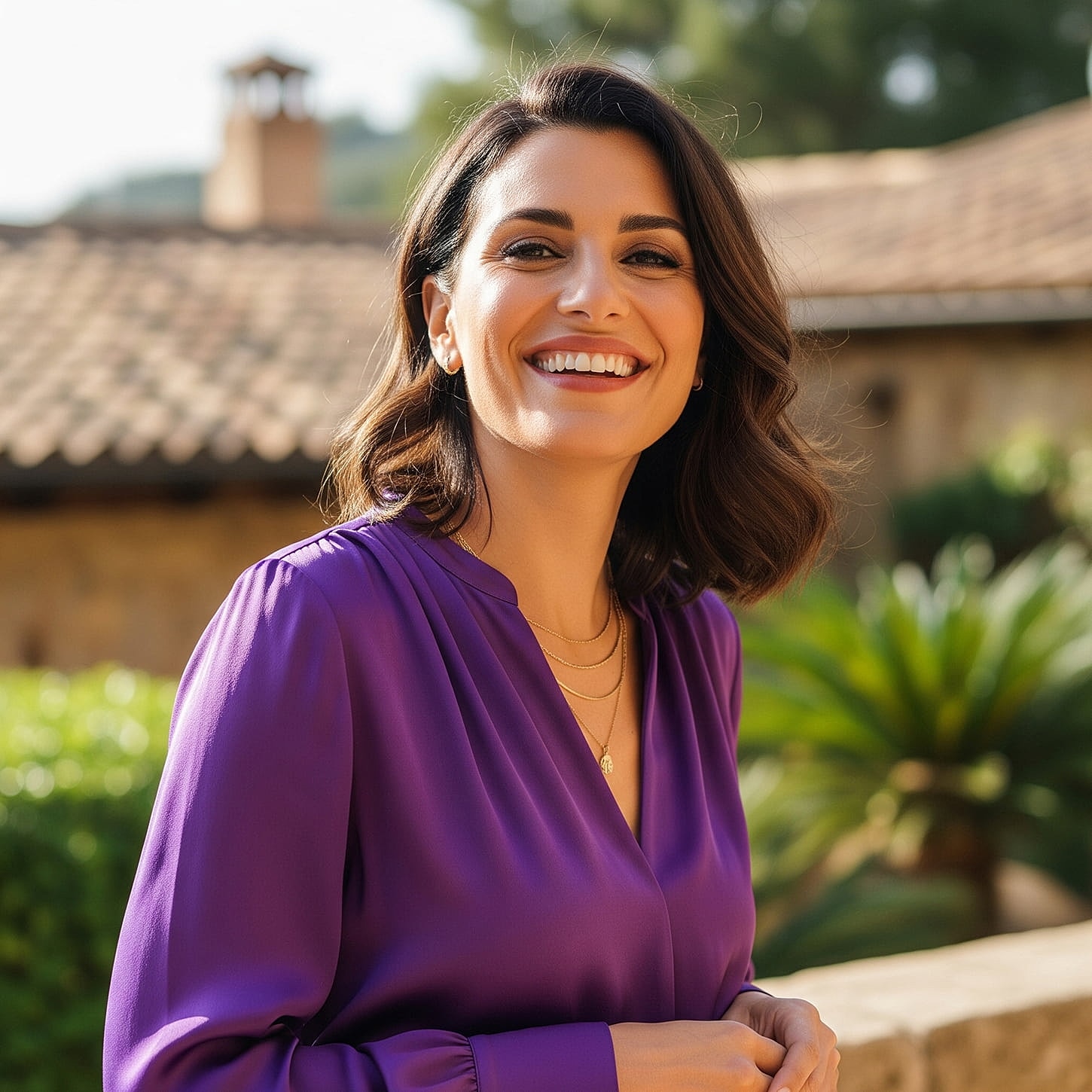 Smiling woman in purple blouse outdoors.
