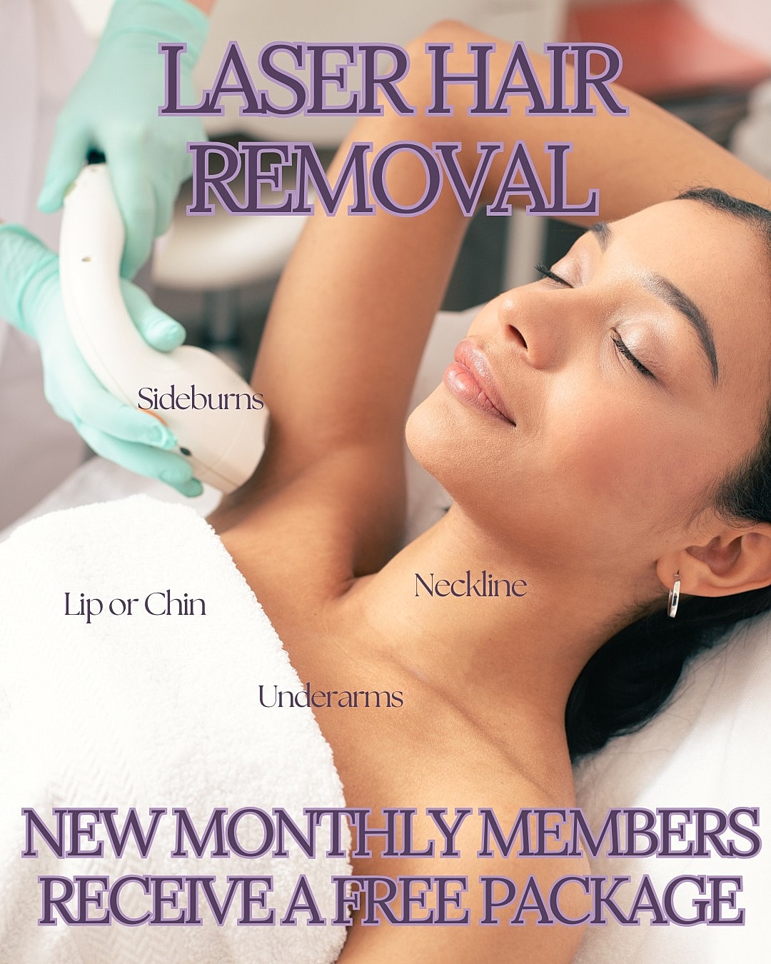 Laser hair removal promotional image with model.